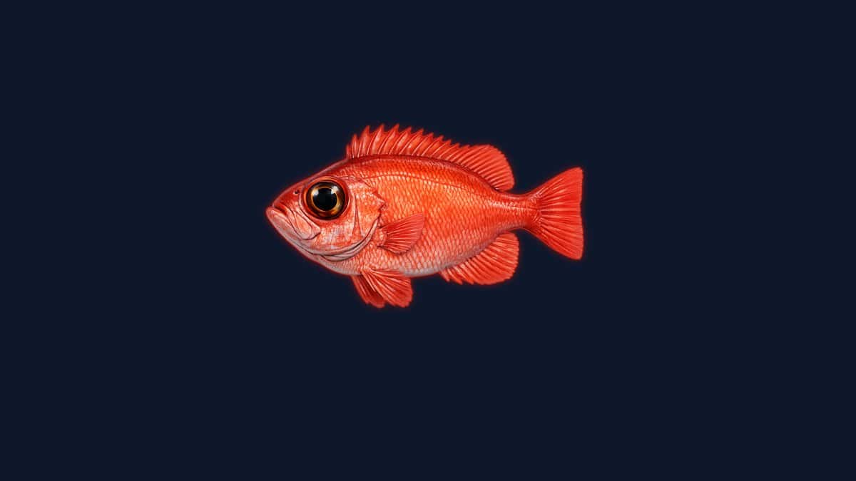 Studio illustration of a popeye catalufa with a deep, bright red body, a spiny dorsal fin and a very large dark eye against a dark background.