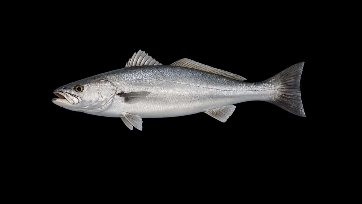 White seabass studio illustration — silver flanks, dark back, long body profile — against a black background.