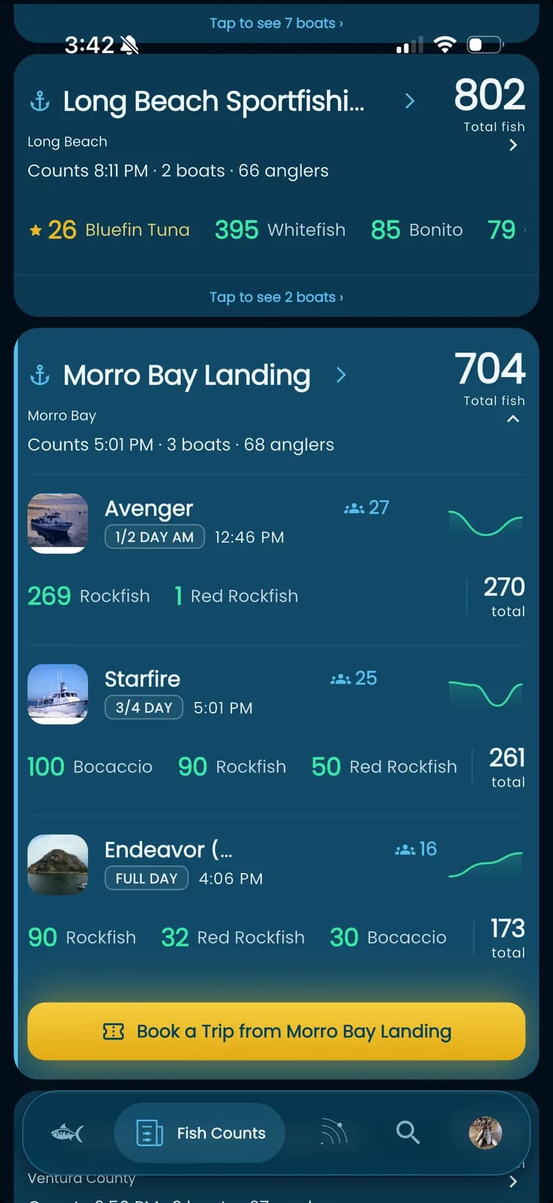 Fish City app fish counts screen showing Morro Bay Landing’s three boats with a Book a Trip from Morro Bay Landing button