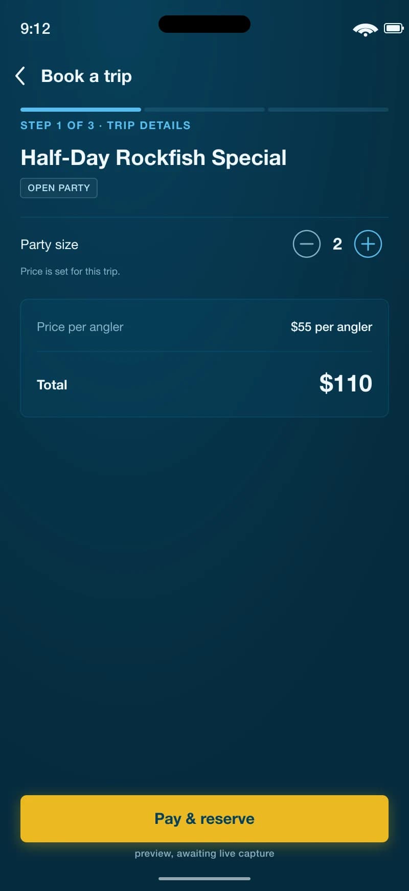 Preview of the Fish City app booking flow with a Pay and reserve button