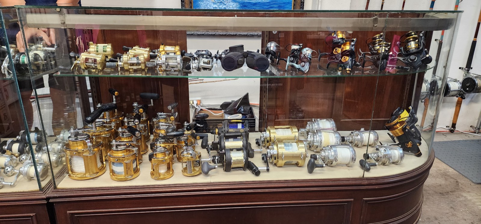Showcase of gold Penn International and other big-game lever-drag reels