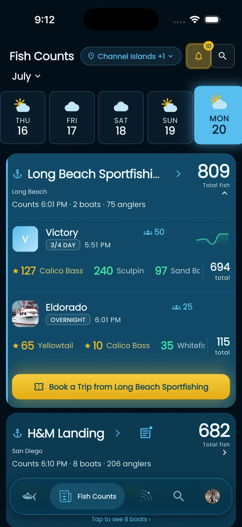 Fish City app fish counts screen showing the Eldorado daily counts and a Book a Trip button