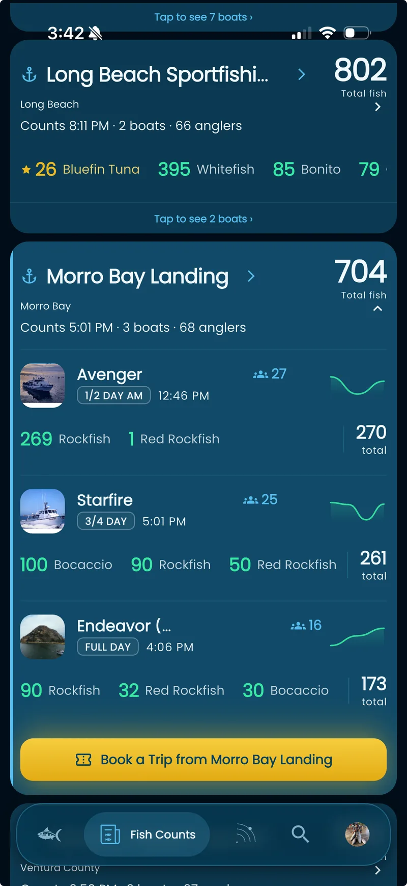 Fish City app fish counts screen showing Morro Bay Landing’s three boats with a Book a Trip from Morro Bay Landing button