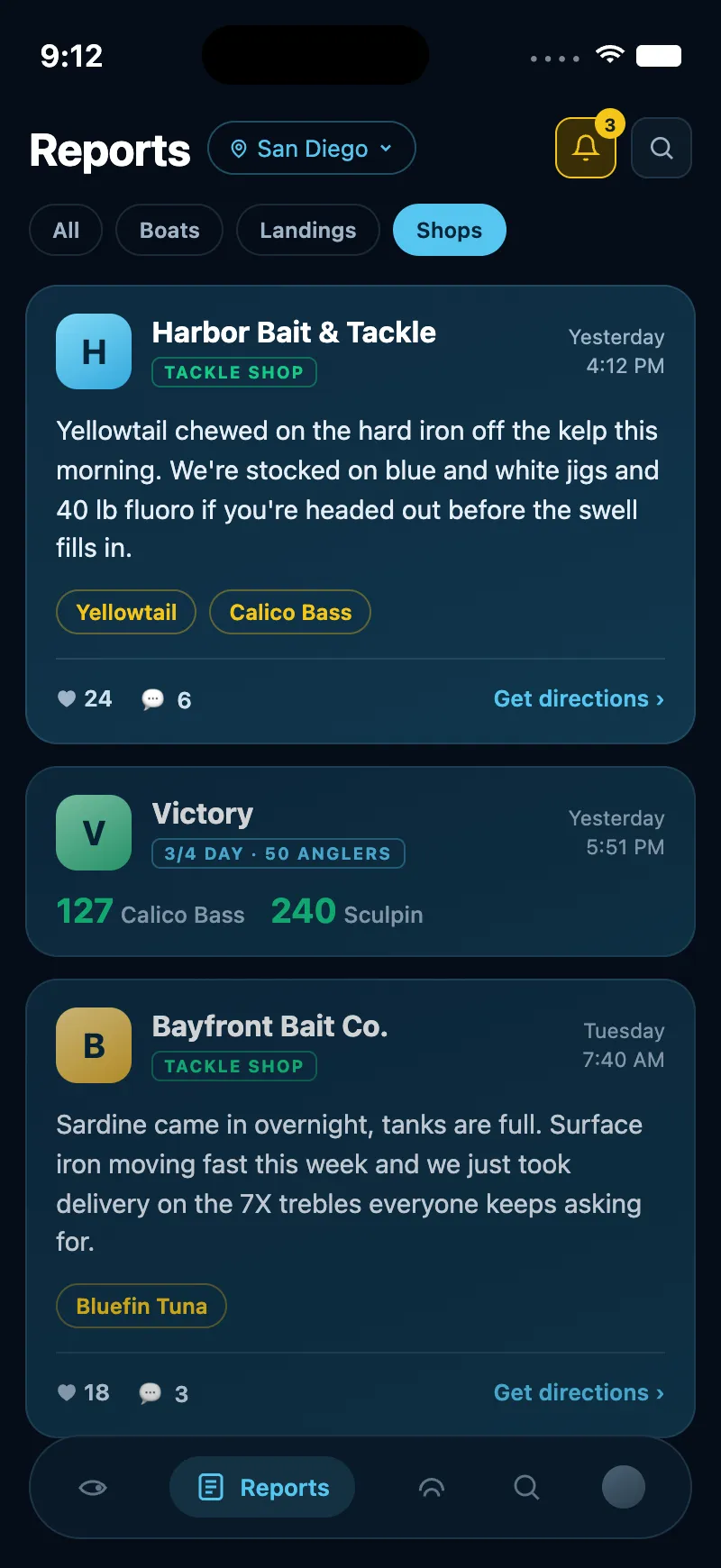 Preview of the Fish City reports screen showing a tackle shop post alongside boat reports
