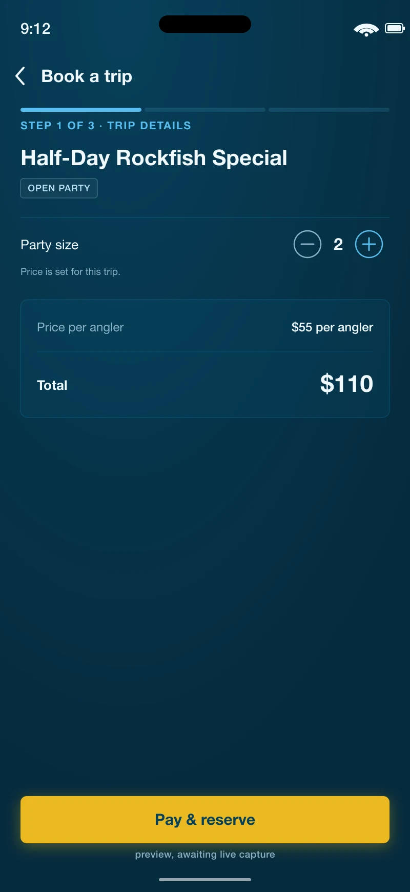 Preview of the Fish City app booking flow with a Pay and reserve button