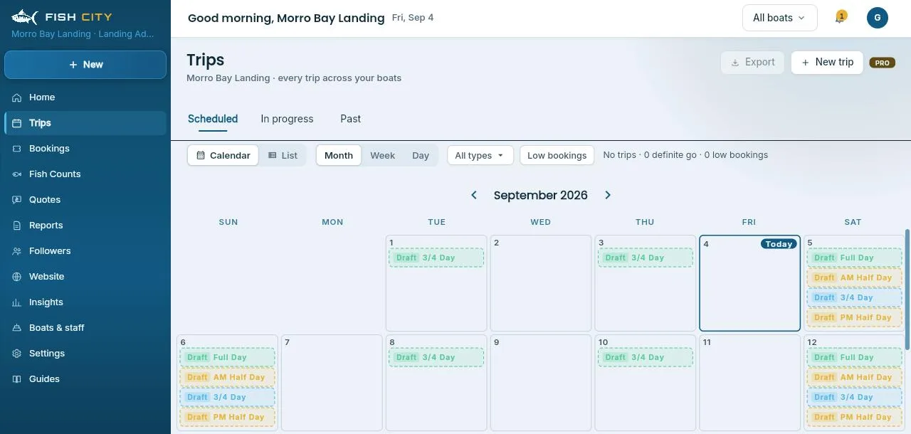Screenshot of the Fish City Portal trip schedule, a month calendar with draft trips on each day