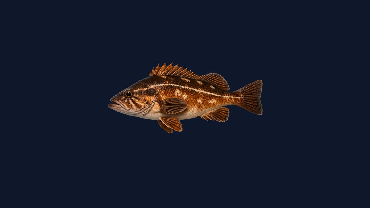 Copper rockfish studio illustration — warm copper-brown body with white-cream belly and mottled flanks, compact rockfish profile against a black background.