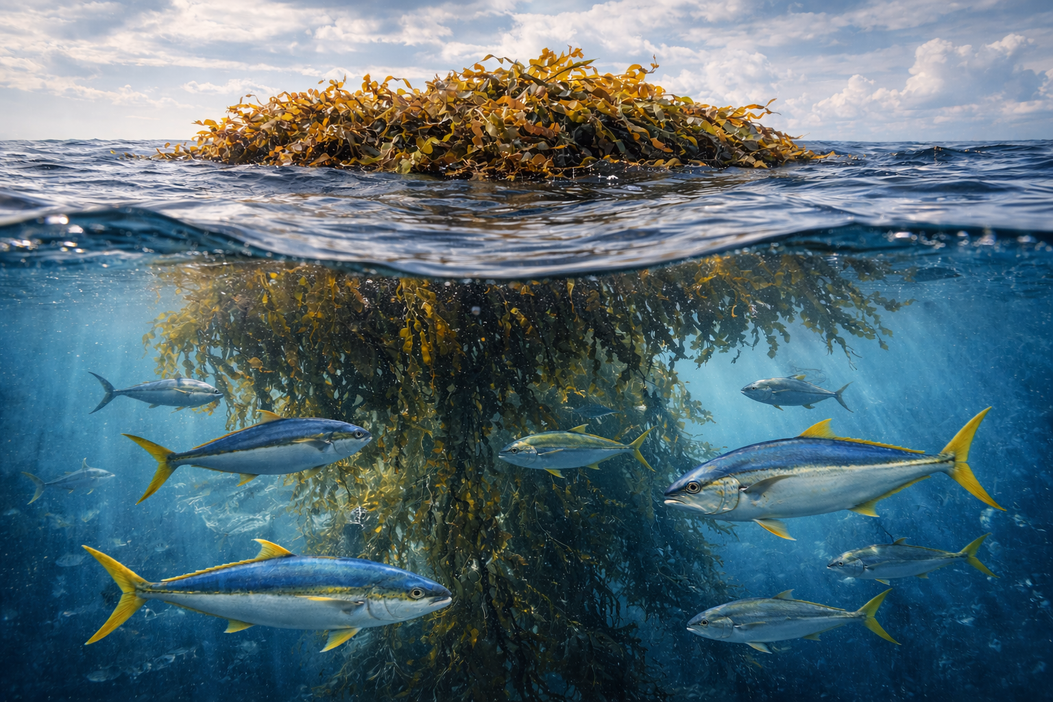 Yellowtail swimming through kelp forest